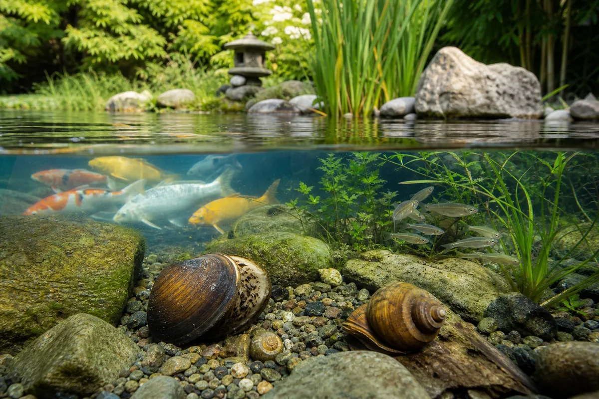 Teichbewohner neben Koi: Muscheln, Schnecken und Moderlieschen